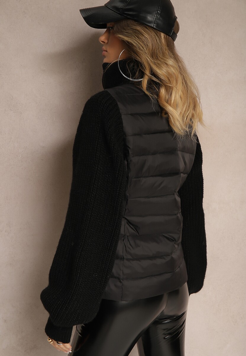 Czarna Kurtka ze Sweterkowego Materiału i z Ozdobnym Pikowaniem Vertinae