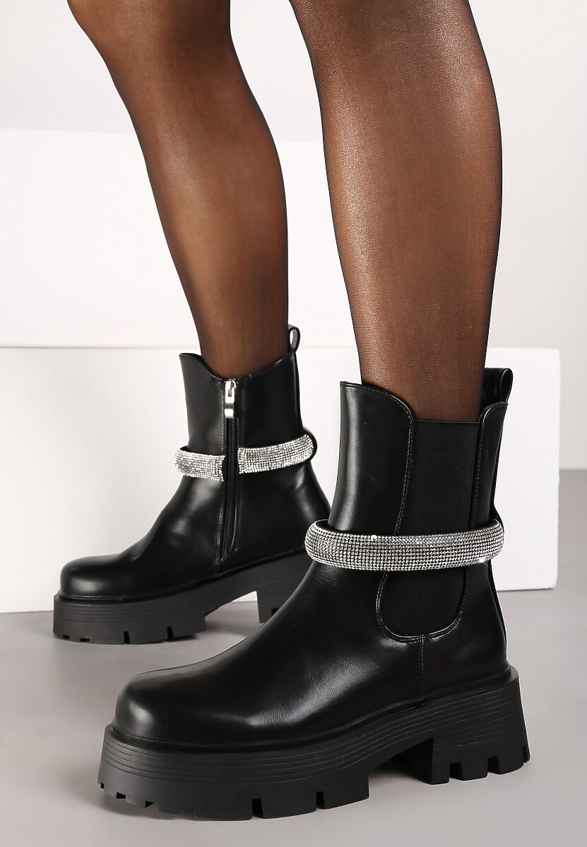 Czarne Botki Sztyblety na Platformie Ozdobione Paskiem z Cyrkonii Zinlera