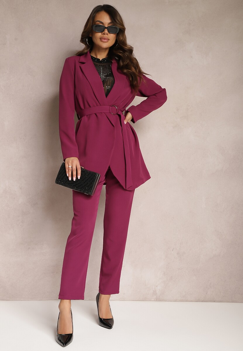 Ciemnofioletowa Sukienkowa Marynarka Wiązana Paskiem w Talii Ardthana