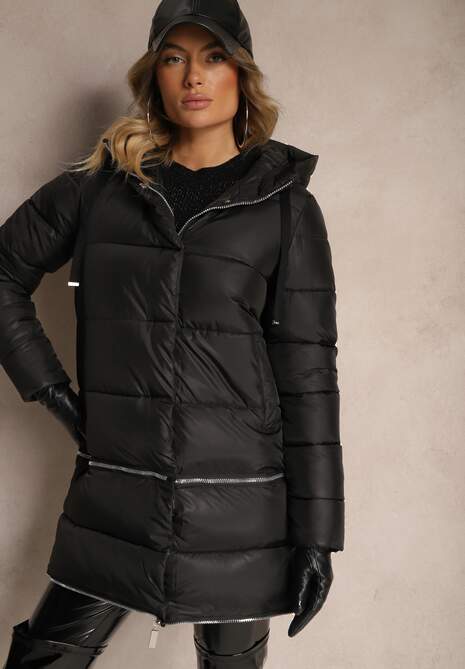 Czarna Pikowana Kurtka Płaszcz z Kapturem i Regulowaną Długością Tirilele