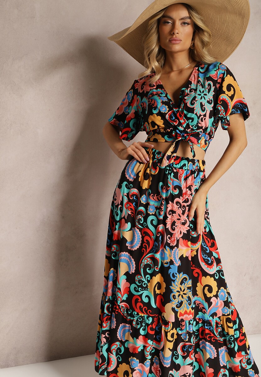 Czarno-Niebieski Wiskozowy Komplet Bluzka z Krótkim Rękawem Spódnica z Gumką i Falbankami Einesta