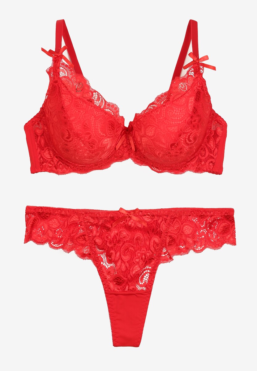 Czerwony Komplet Bielizny z Koronką i Kokardkami Biustonosz i Stringi Nasorinne