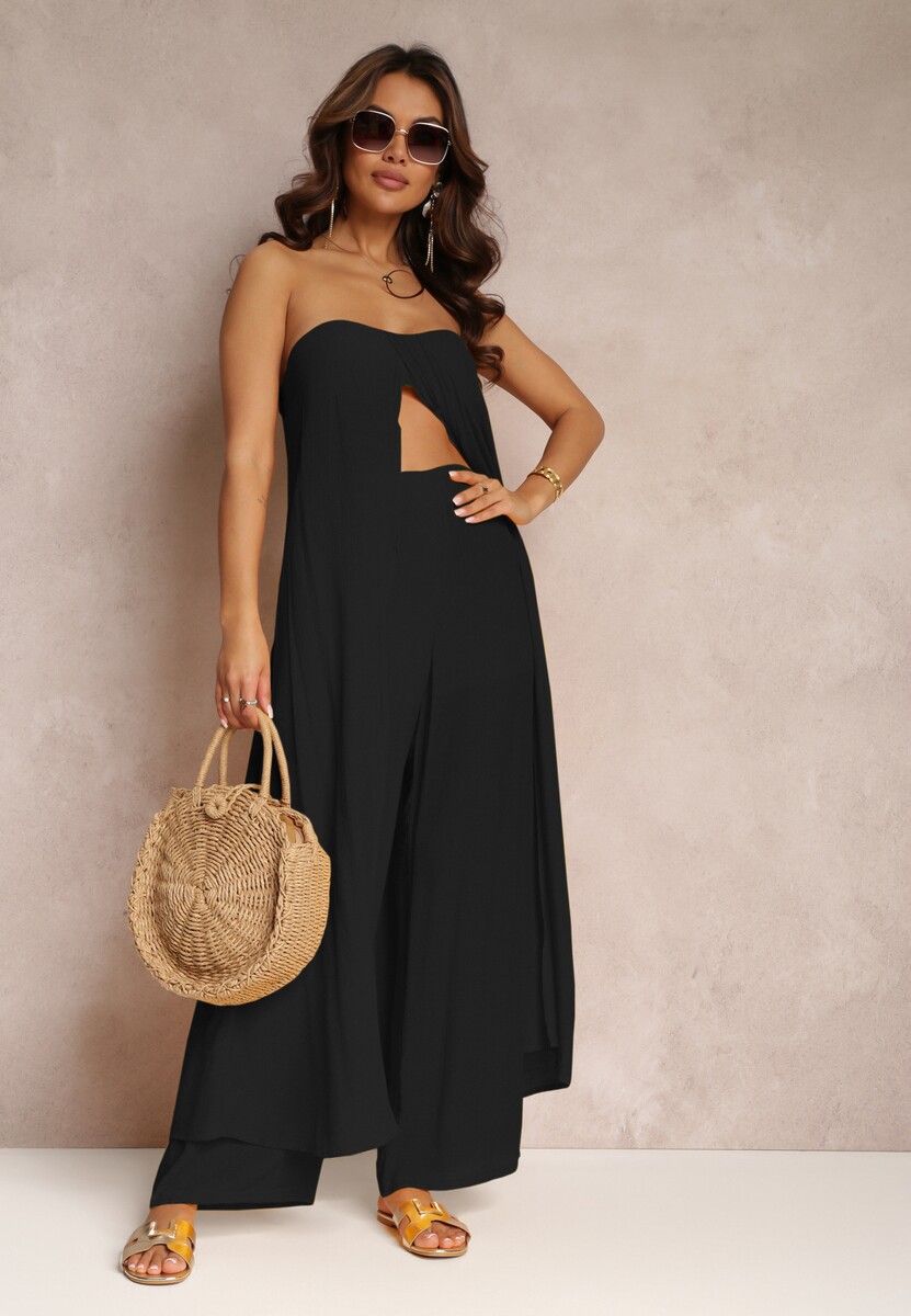 Czarny 2-częściowy Komplet Długi Top i Spodnie z Gumką w Pasie i Szerokimi Nogawkami Bincina