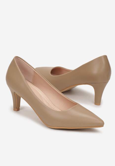 Ciemnobeżowe Wsuwane Czółenka na Stożku ze Szpiczastym Noskiem Deleves