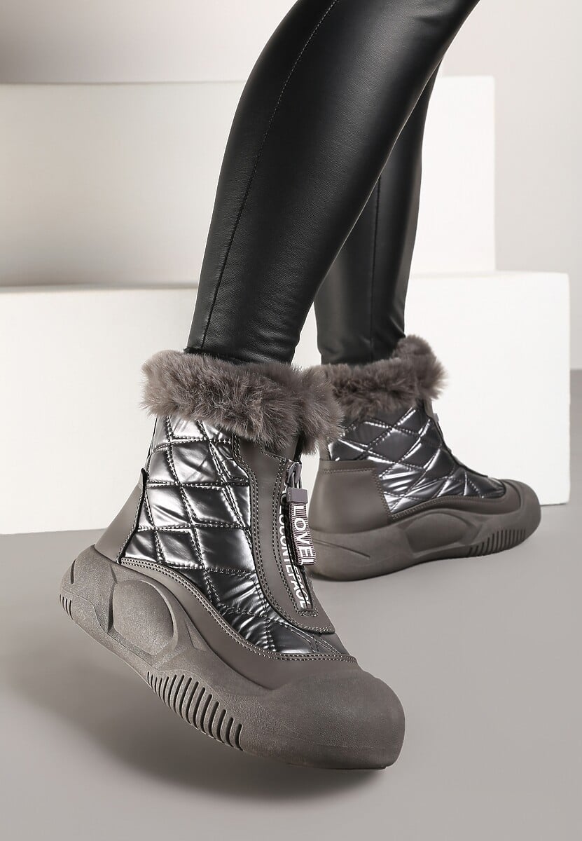 Beżowe Śniegowce Vices na Platformie z Pikowaną Cholewką i Futerkiem Gemitana