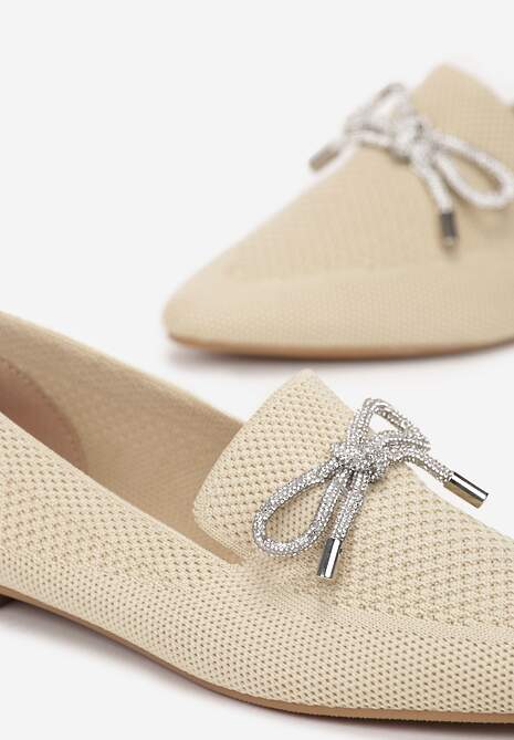 Beżowe Balerinki na Płaskiej Podeszwie z Kokardką z Cyrkonii Preslia