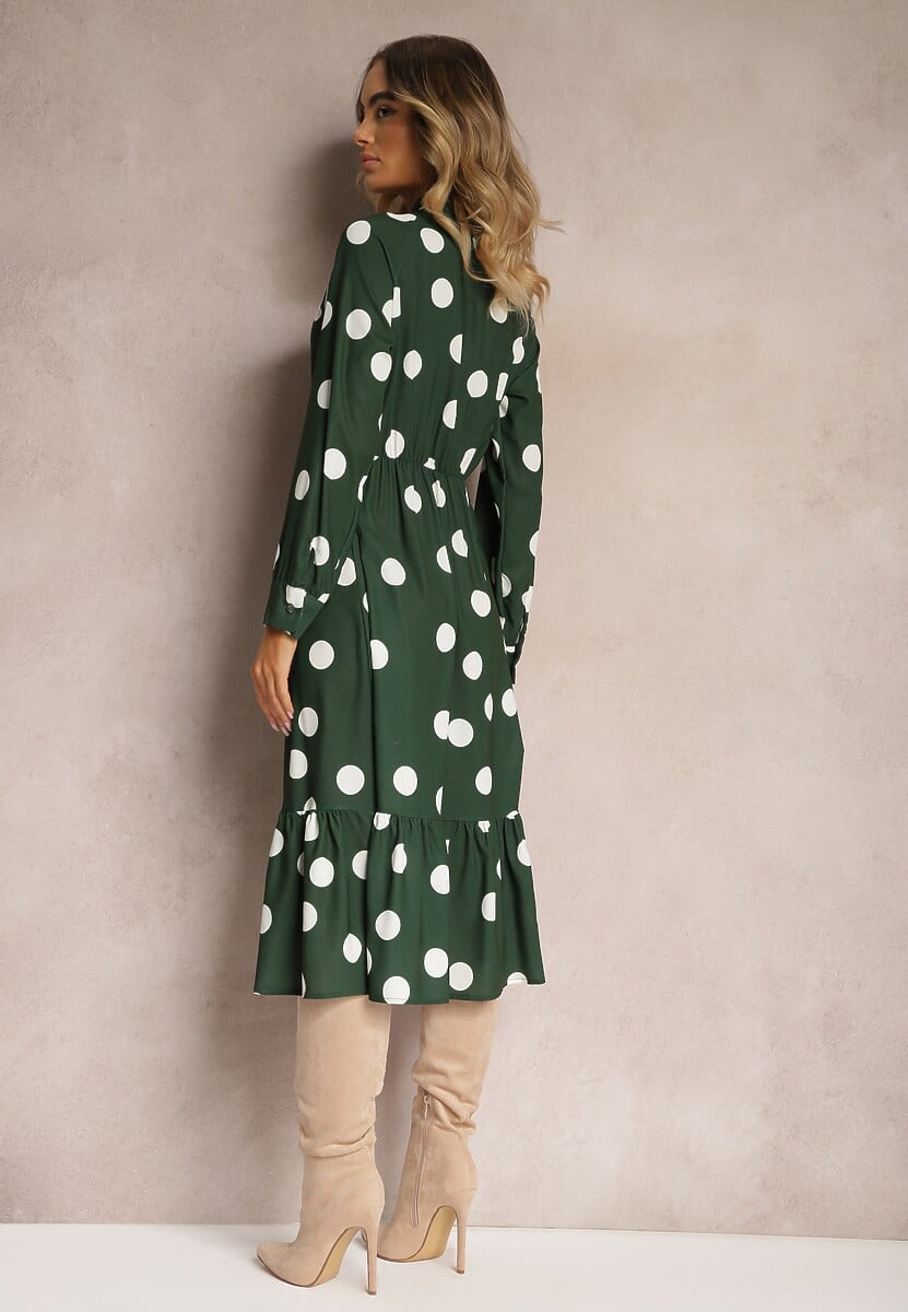 Ciemnozielona Sukienka w Kropki o Rozkloszowanym Kroju z Wiązaniem przy Szyi Xelvira