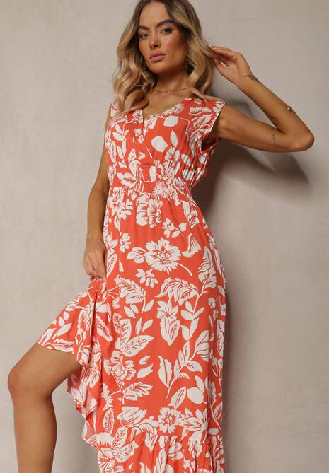 Pomarańczowa Wiskozowa Kwiatowa Sukienka Wykończona Gumką w Pasie o Rozkloszowanym Kroju Keranea
