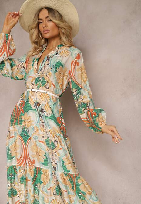 Beżowo-Zielona Sukienka o Rozkloszowanym Kroju z Długim Rękawem i Falbanką Dollati