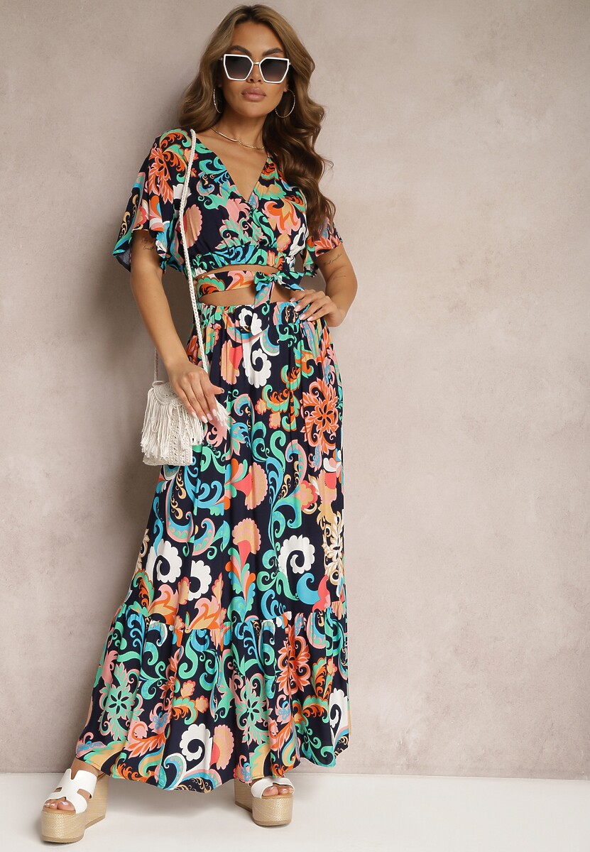 Granatowy  Wiskozowy Komplet Bluzka z Krótkim Rękawem Spódnica z Gumką i Falbankami Einesta