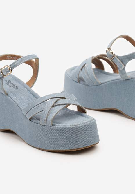 Jasnoniebieskie Sandały Jeansowe na Grubej Podeszwie z Koturnem Hareria