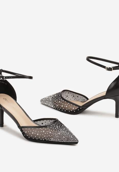 Czarne Eleganckie Czółenka na Szpilce z Cyrkoniami i Paskiem przy Kostce Seriela