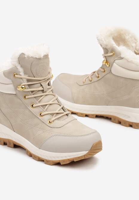 Beżowe Traperki na Tłoczonej Platformie ze Sznurowaniem Zinlatta