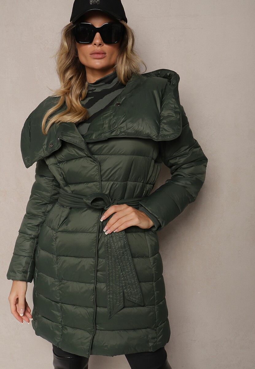 Beżowa Długa Pikowana Kurtka z Kapturem i Dodatkowym Paskiem Hanovia