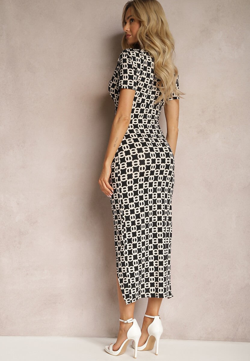 Czarno-Beżowa Sukienka Bodycon z Kopertowym Dekoltem Rozcięciem i Subtelnym Drapowaniem Zaleatie