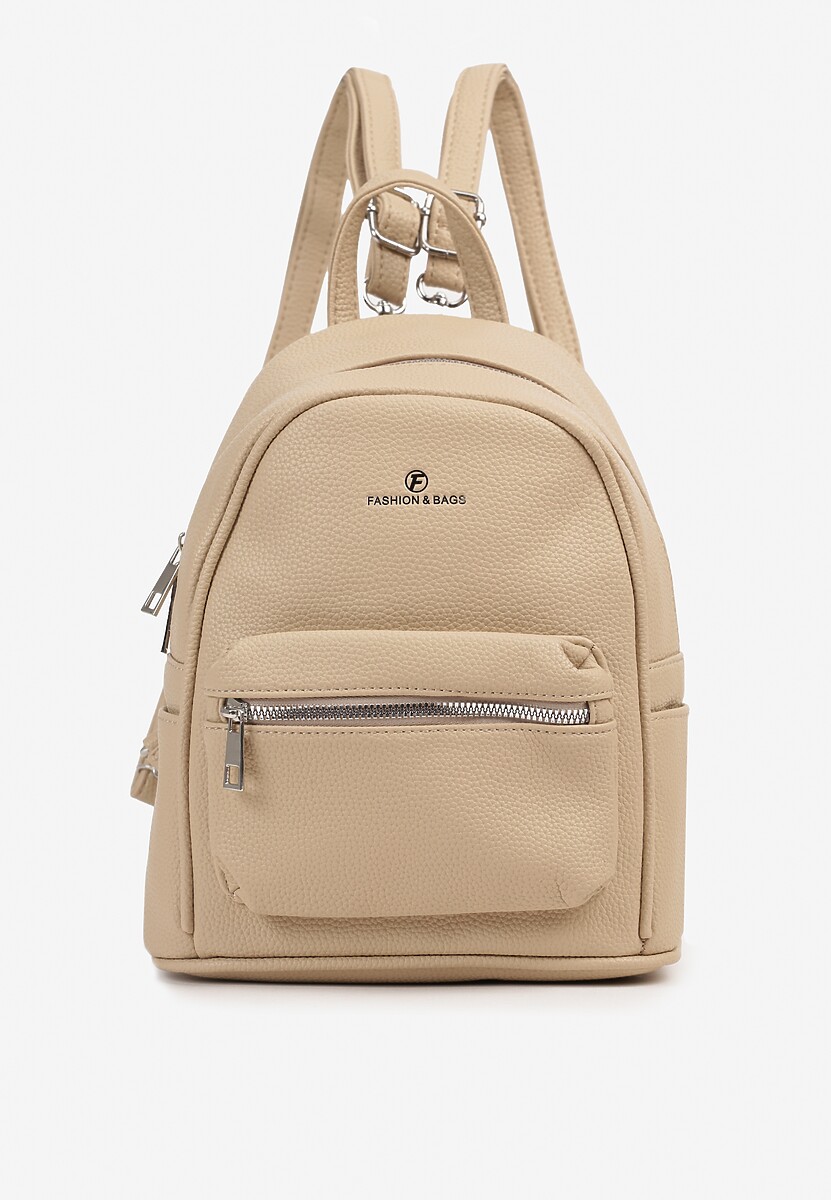 Ciemnobeżowy Mały Plecak z Kieszonką na Suwak i Ozdobnymi Napisami Iottasa