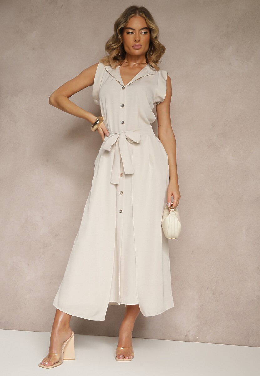 Beżowa Sukienka z Paskiem Koszulowa o Rozkloszowanym Fasonie Mavoselle