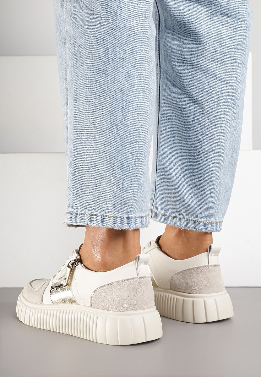 Beżowe Sneakersy ze Skóry Naturalnej z Metalicznym Zdobieniem Zorentee