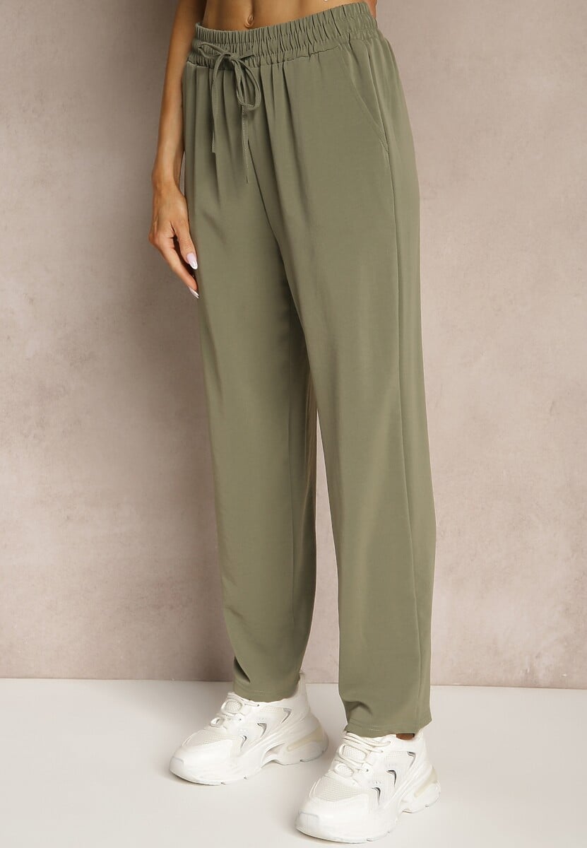 Zielone Spodnie z Prostą Nogawką i Wiązaniem w Talii Miralira