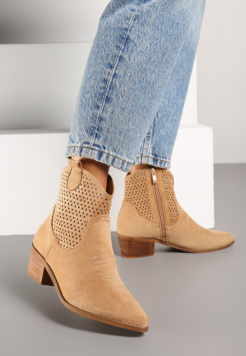 Beżowe Botki Kowbojki Vices na Słupku z Ażurową Cholewką Elfedi