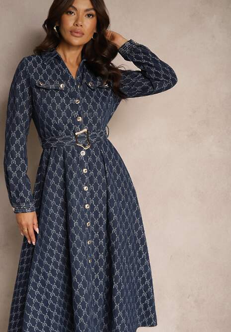 Granatowa Rozkloszowana Sukienka Koszulowa w Elegancki Wzór z Paskiem z Klamrą Salithora