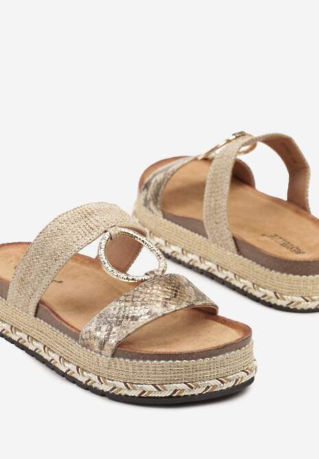 Złote Wężowe Klapki na Plecionej Podeszwie z Transparentnymi Paskami Telirea
