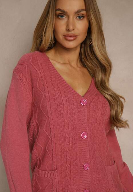 Ciemnoróżowy Kardigan z Bawełną i Tłoczonym Wzorem Reisina