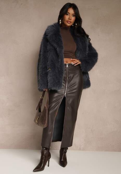 Granatowa Oversizowa Kurtka Futerko o Dwurzędowym Kroju Asonella