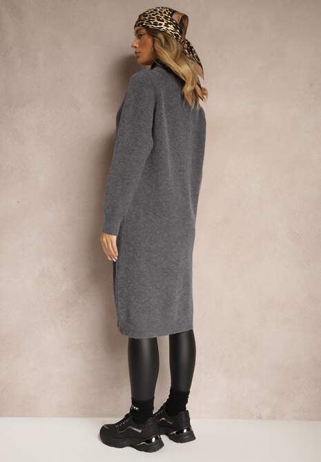 Ciemnoszary Długi Kardigan o Prostym Kroju ze Stójką z Domieszką Wełny i Zapięciem na Suwak Bonitana