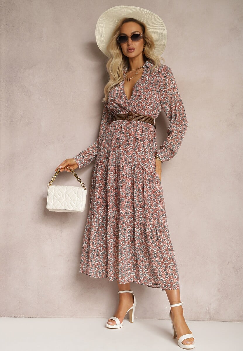 Różowa Sukienka Rozkloszowana w Kwiaty z Paskiem Rakhila