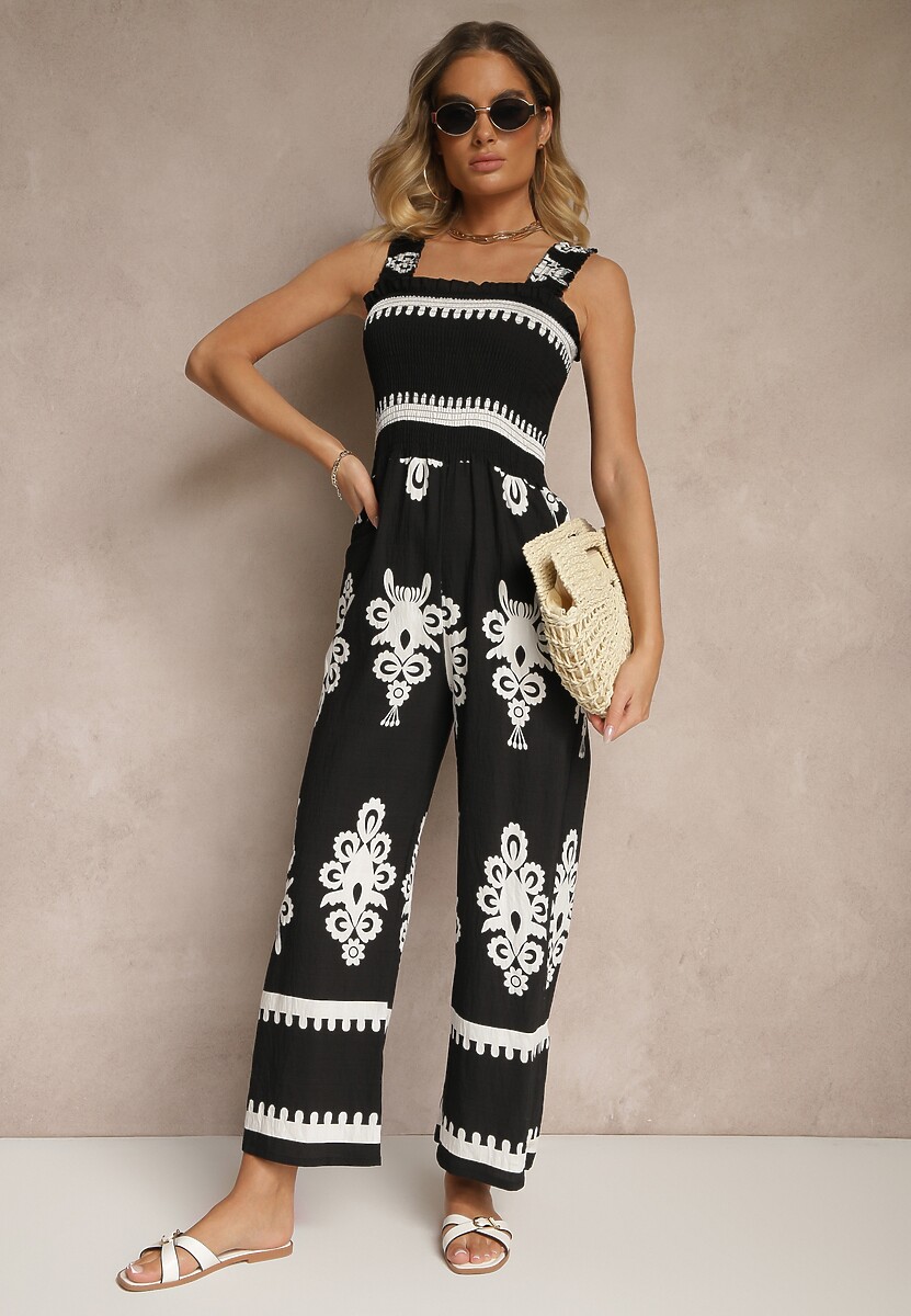 Czarny Kombinezon Wide Leg z Wiskozy na Ramiączkach Zdobiony Etnicznym Wzorem Melriti