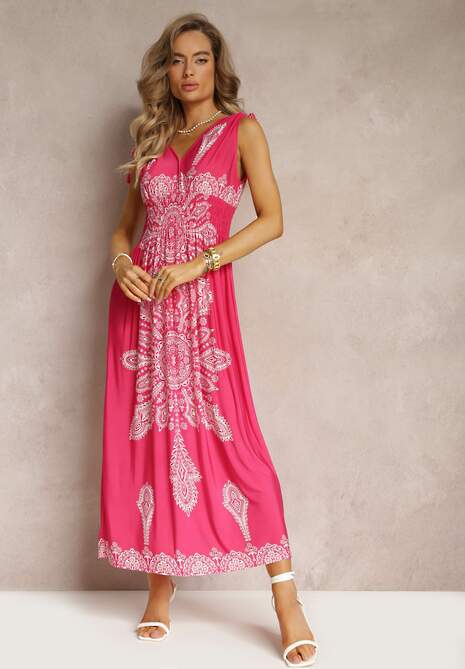 Fuksjowa Długa Sukienka z Wzorem Boho Sznurkami na Ramionach i Gumką w Pasie Hideni