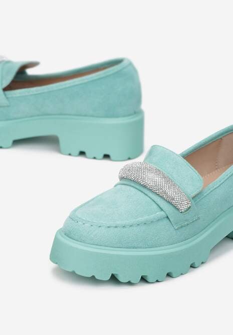 Zielone Mokasyny z Paskiem z Cyrkonii i Grubej Podeszwie Degase