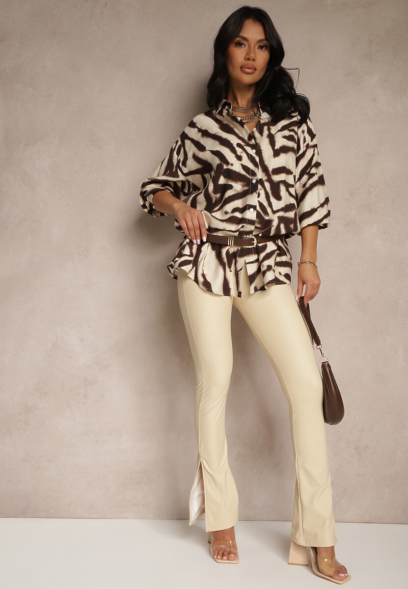 Beżowe Spodnie Dzwony z Ekoskóry High Waist Ellimaya