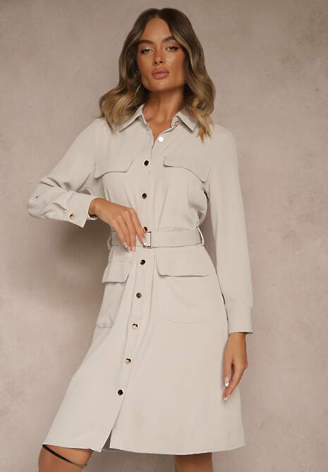 Beżowa Sukienka Utility o Koszulowym Kroju z Kieszonkami i Paskiem Materiałowym Niobella