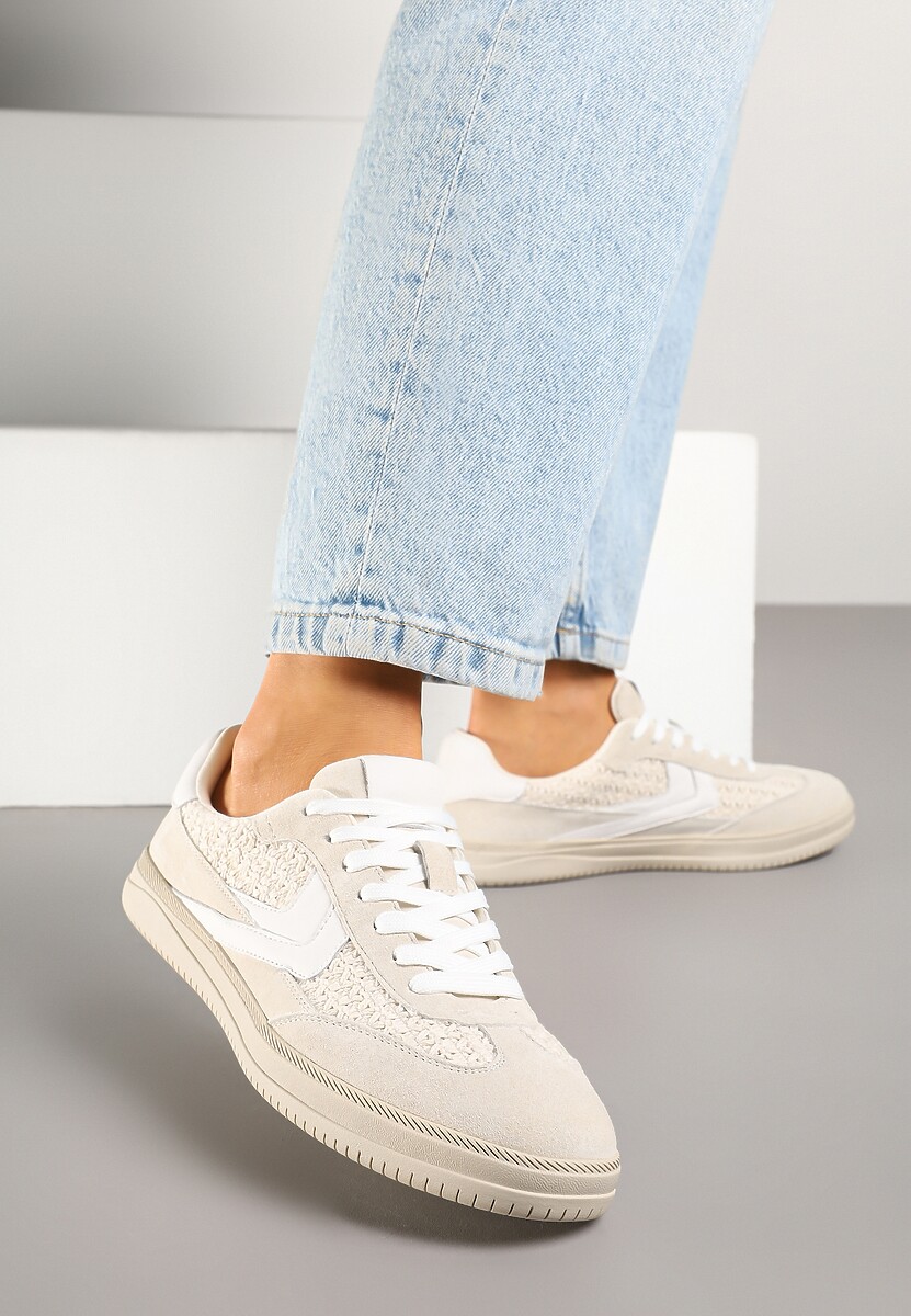 Jasnobeżowe Sneakersy ze Skóry Naturalnej w Stylu Kultowych Tenisówek Faloretia
