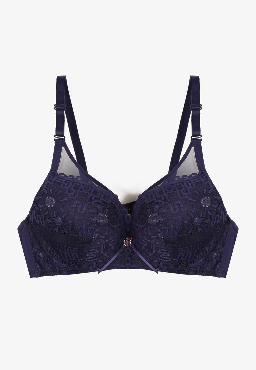 Granatowy Biustonosz Ozdobiony Transparentnymi Wstawkami i Koronką Brannor