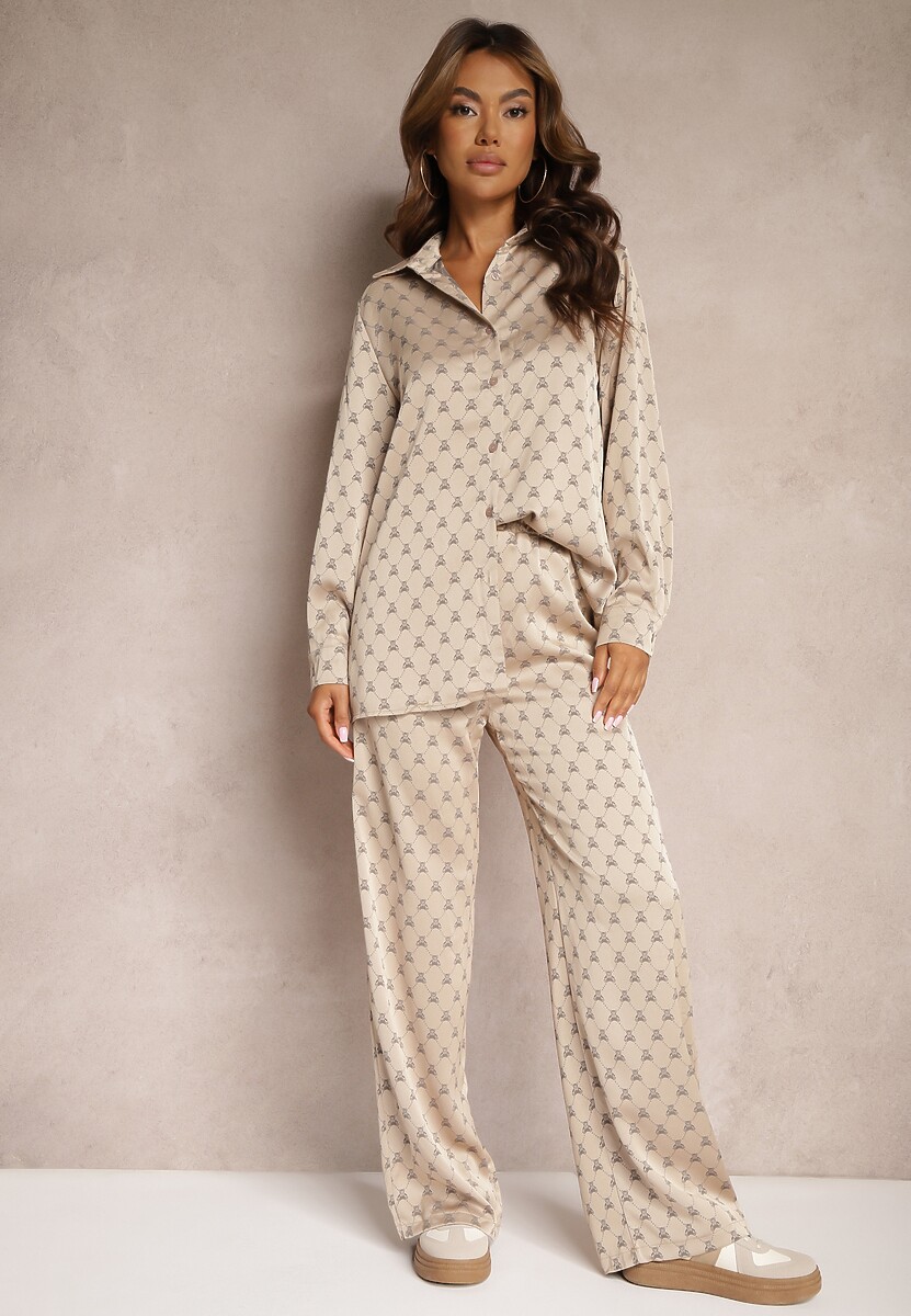 Beżowy Komplet Długie Spodnie i Klasyczna Koszula w Drobny Print Verinaes