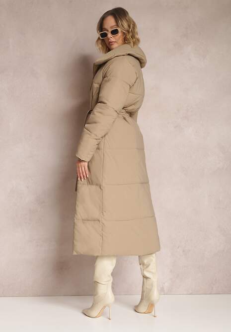 Ciemnobeżowa Kurtka za Kolano Pikowana Chadi