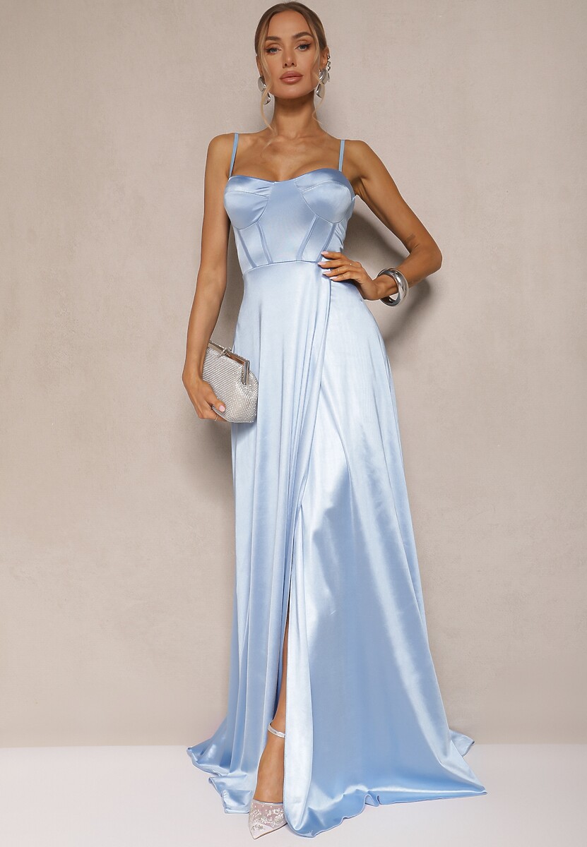 Jasnoniebieska Sukienka na Ramiączkach o Rozkloszowanym Kroju z Wiązaniem na Plecach Katirione