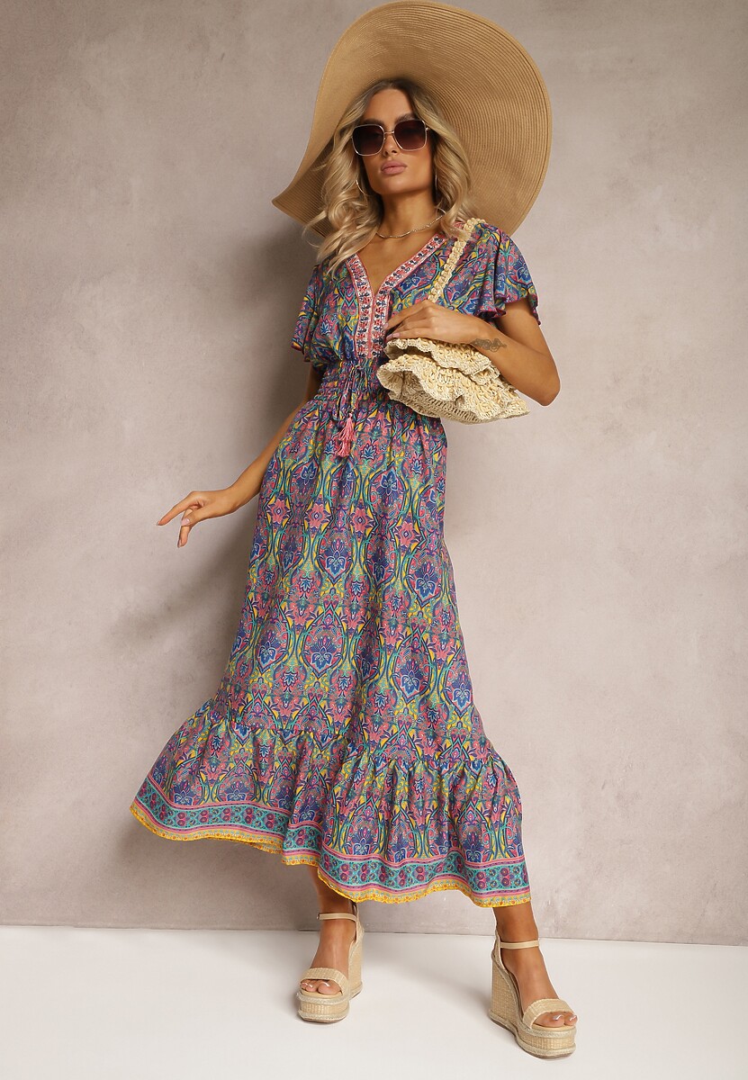 Różowo-Niebieska Rozkloszowana Sukienka w Etniczny Wzór z Krótkim Rękawem i Gumką w Pasie Zorisa