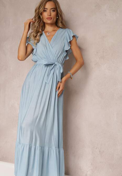 Niebieska Rozkloszowana Sukienka Maxi z Gumką w Talii Lavla