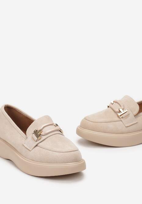 Beżowe Mokasyny na Grubej Podeszwie z Metalową Klamrą Olizunna