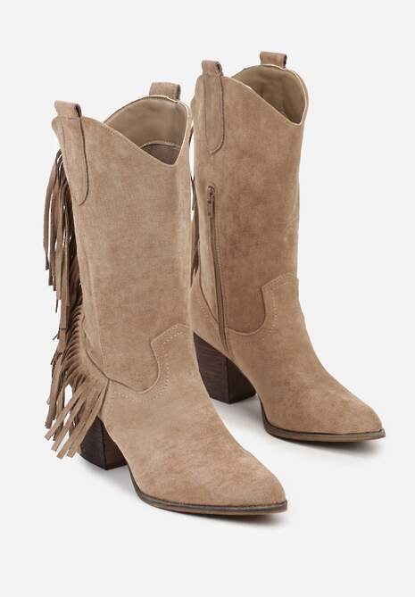 Beżowe Botki Kowbojki na Stożku z Frędzlami przy Cholewce Reinia