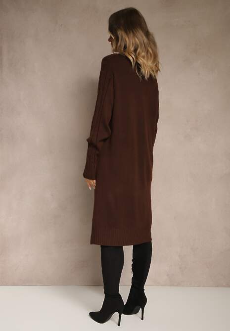 Brązowa Prążkowana Sukienka z Golfem z Dzianiny z Wełną Essandra