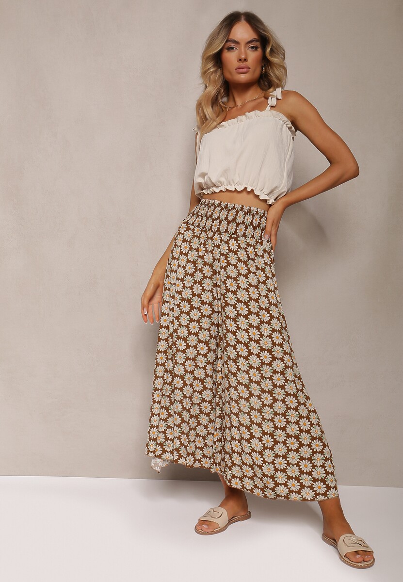 Jasnobrązowe Szerokie Spodnie z Wiskozy w Kwiaty Ramit