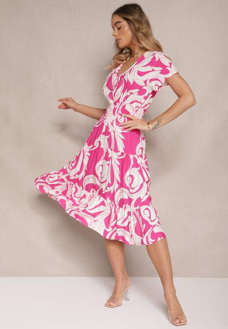 Różowa Bawełniana Sukienka z Abstrakcyjnym Motywem i Guzikami Talivea