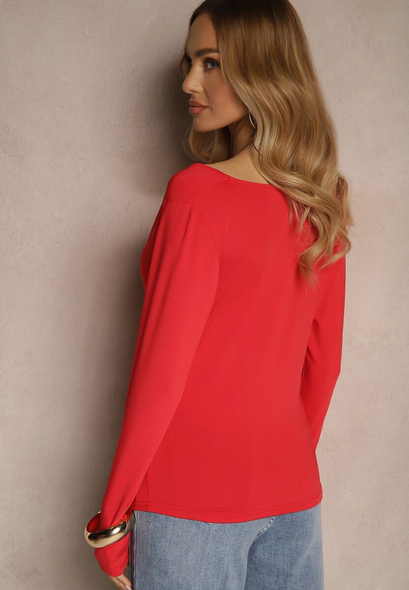 Czerwona Bluzka z Wiskozą w Eleganckim Stylu z Dekoltem Woda Tathelena