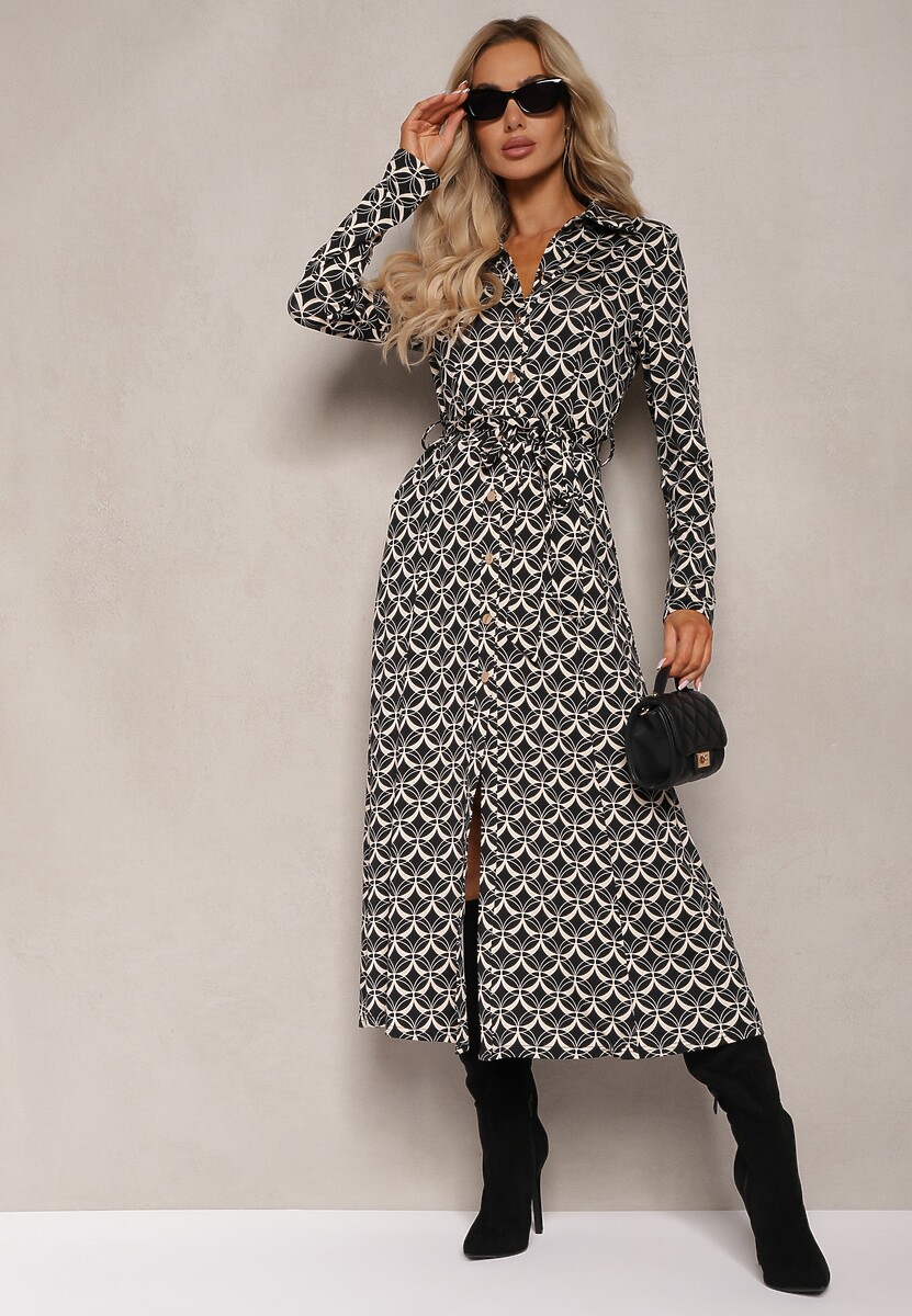 Czarno-Biała Koszulowa Sukienka Midi Ozdobiona Geometrycznym Wzorem i Wiązanym Paskiem Aripel