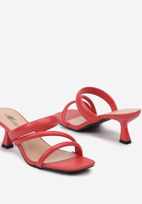 Czerwone Klapki na Szpilce Kaczuszce z Ozdobnymi Paskami Neolaris